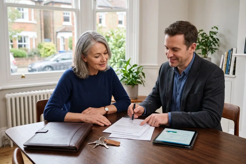 Homeowner reviewing property sale contract documents with solicitor, NAPB approved buyers, regulated house buyers, reliable property sale